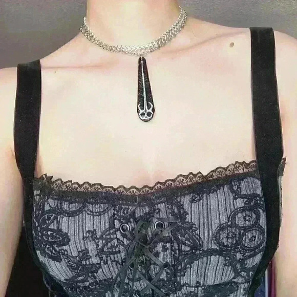 Reaper's Sword Goth choker necklace on a silver chain ✦ black teardrop pendant ✦ - Picture 1 of 14
